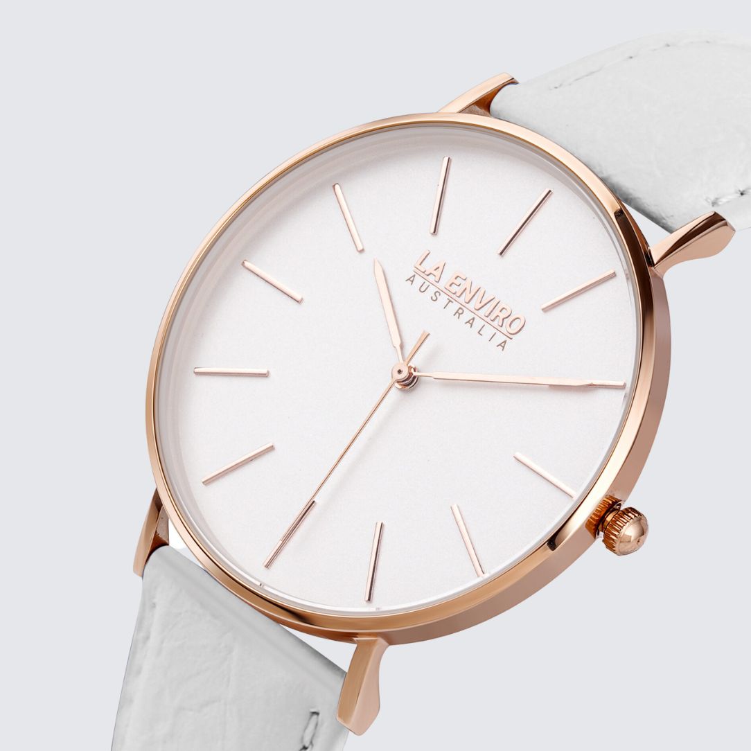 Rose Gold Watch With Pineapple Leather White Strap I TIERRA 40 MM