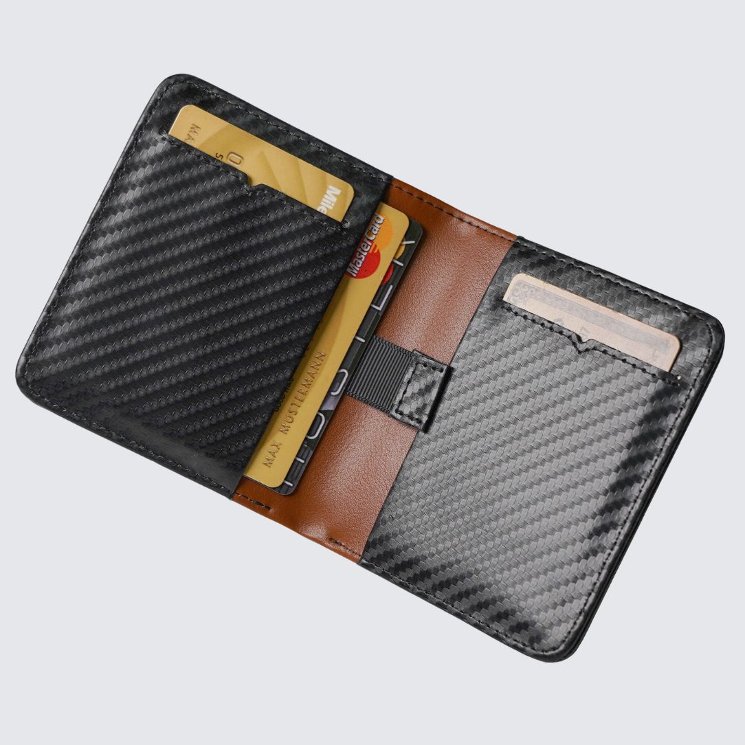 Carbon Black color FREO Airtag Wallet two pull tabs for storing up to 8 additional cards