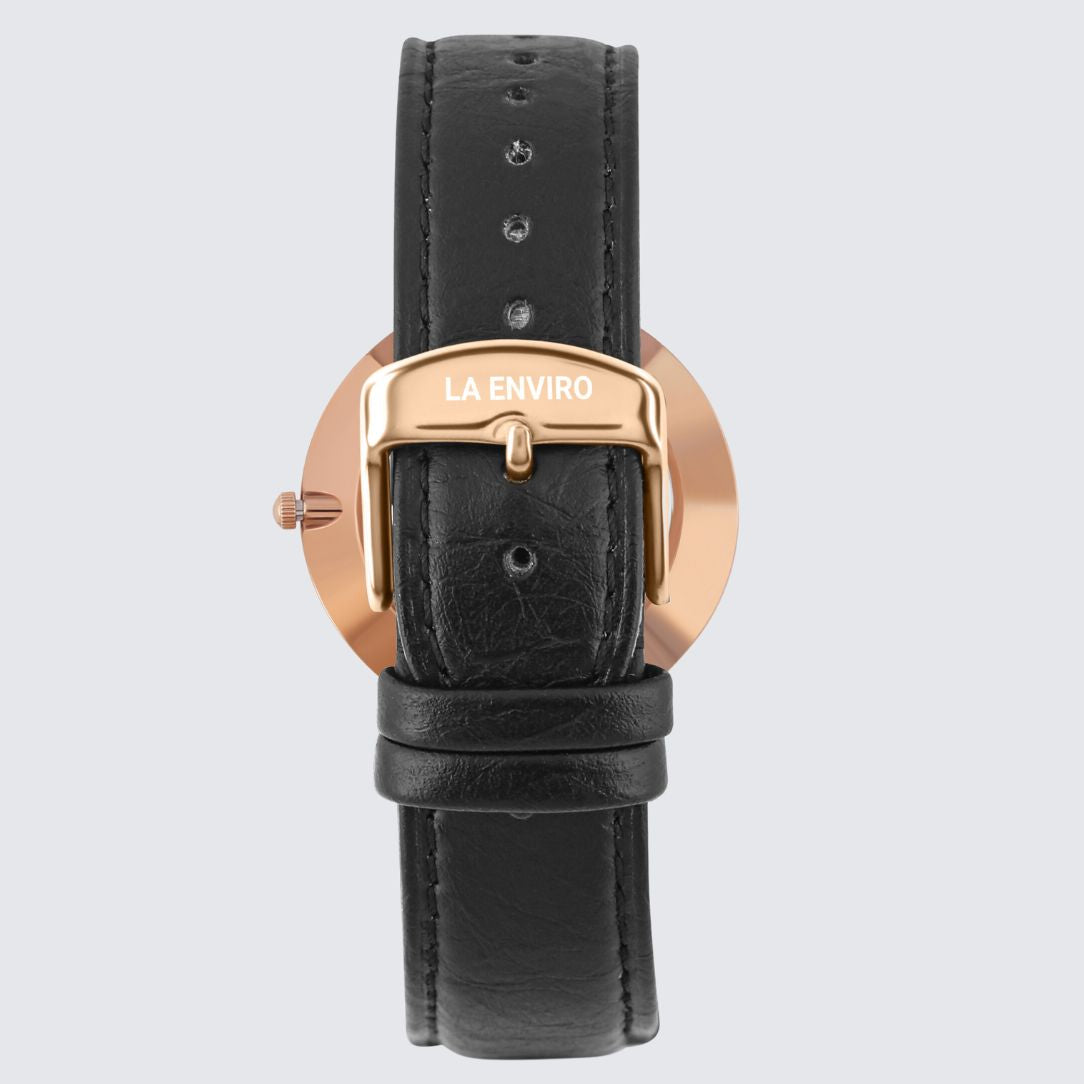 Back side of Rose Gold Marble Watch With Pineapple Leather Black Strap