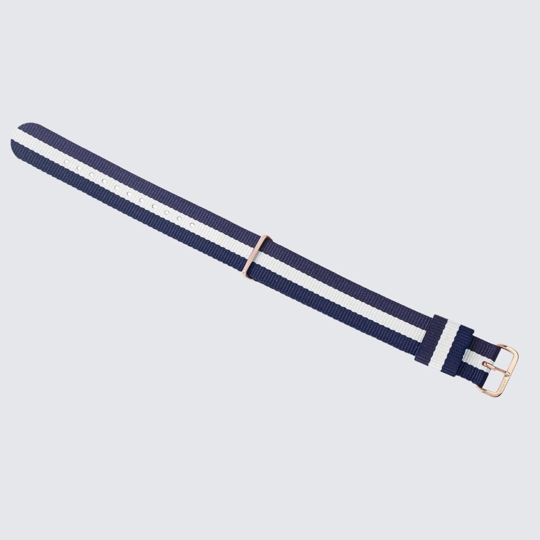 Nato Blue & White Strap Rose Gold color Buckle