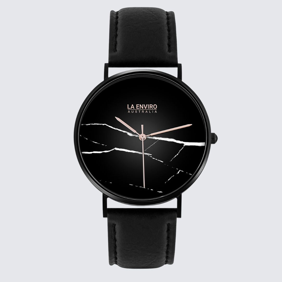 Black Marble Watch With Black Pineapple Leather Strap I 40 MM