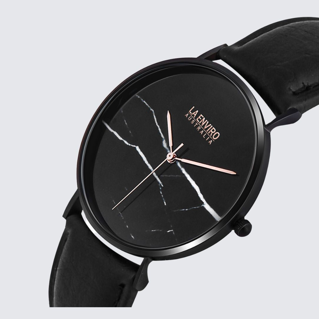 Black Marble Watch With Black Pineapple Leather Strap I 40 MM