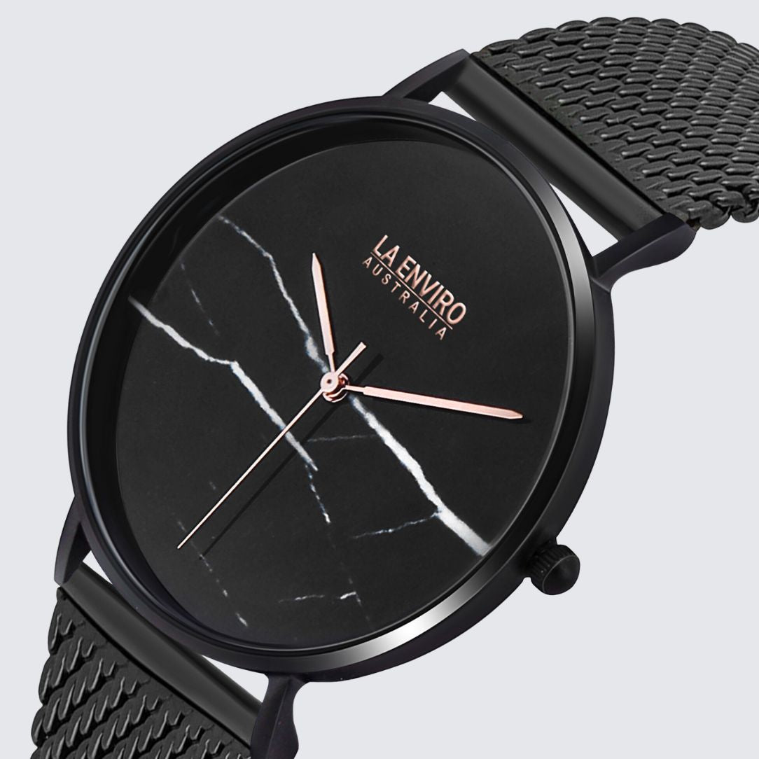 Black Marble Watch With Black Mesh Strap I 40 MM