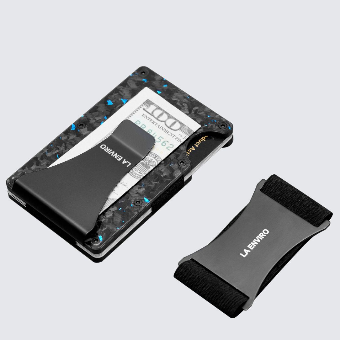 Gloss Blue color LORNE Forged Carbon Wallet with Extra replaceable elastic