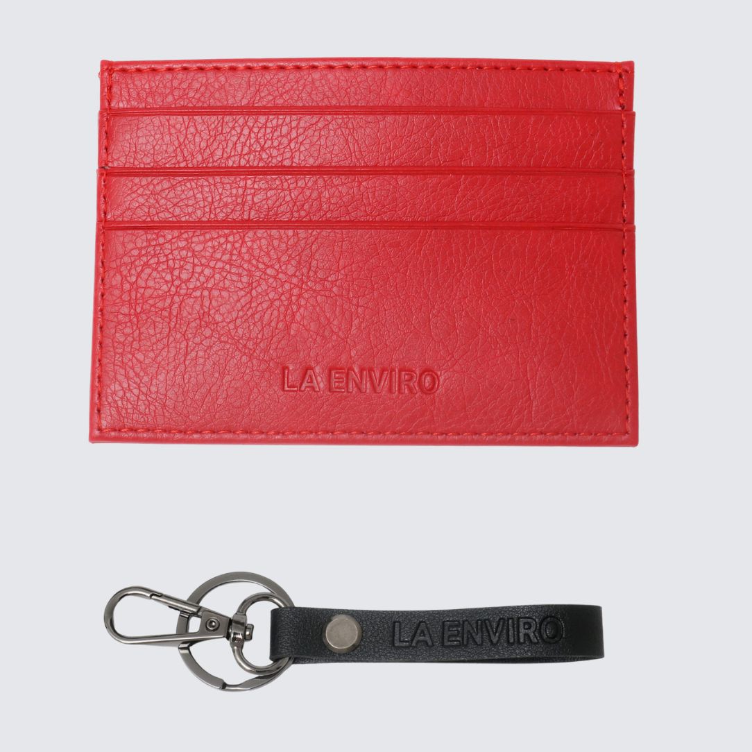 Red color AVOCA Unisex Card Holder with a free key ring