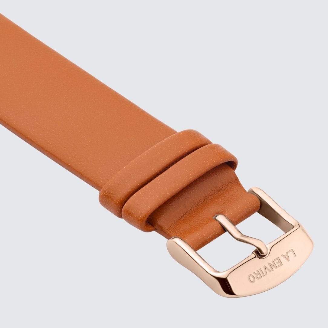Tan Unstitched Watch Strap with rose gold color Buckle
