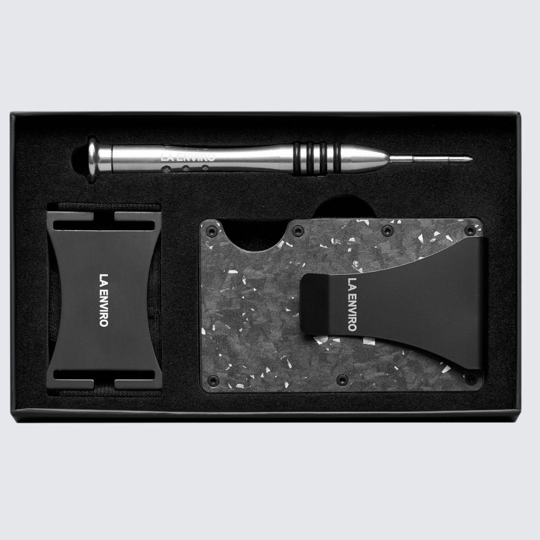 LORNE Forged Carbon Wallet Includes both Cash Strap and Money Clip I Matte Silver I La Enviro