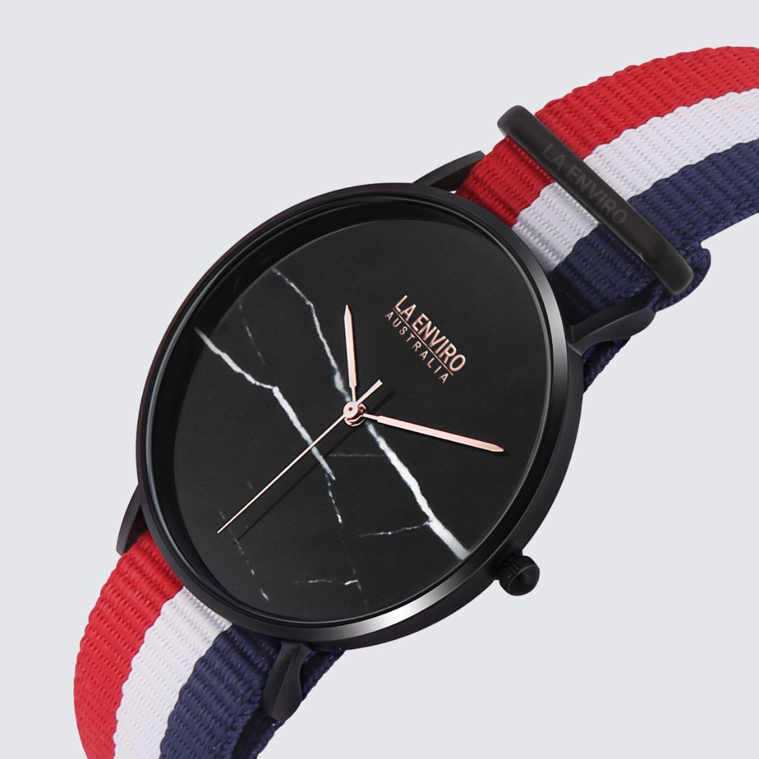 Black Marble Watch With Red, Blue & White Nato Strap I 40 MM