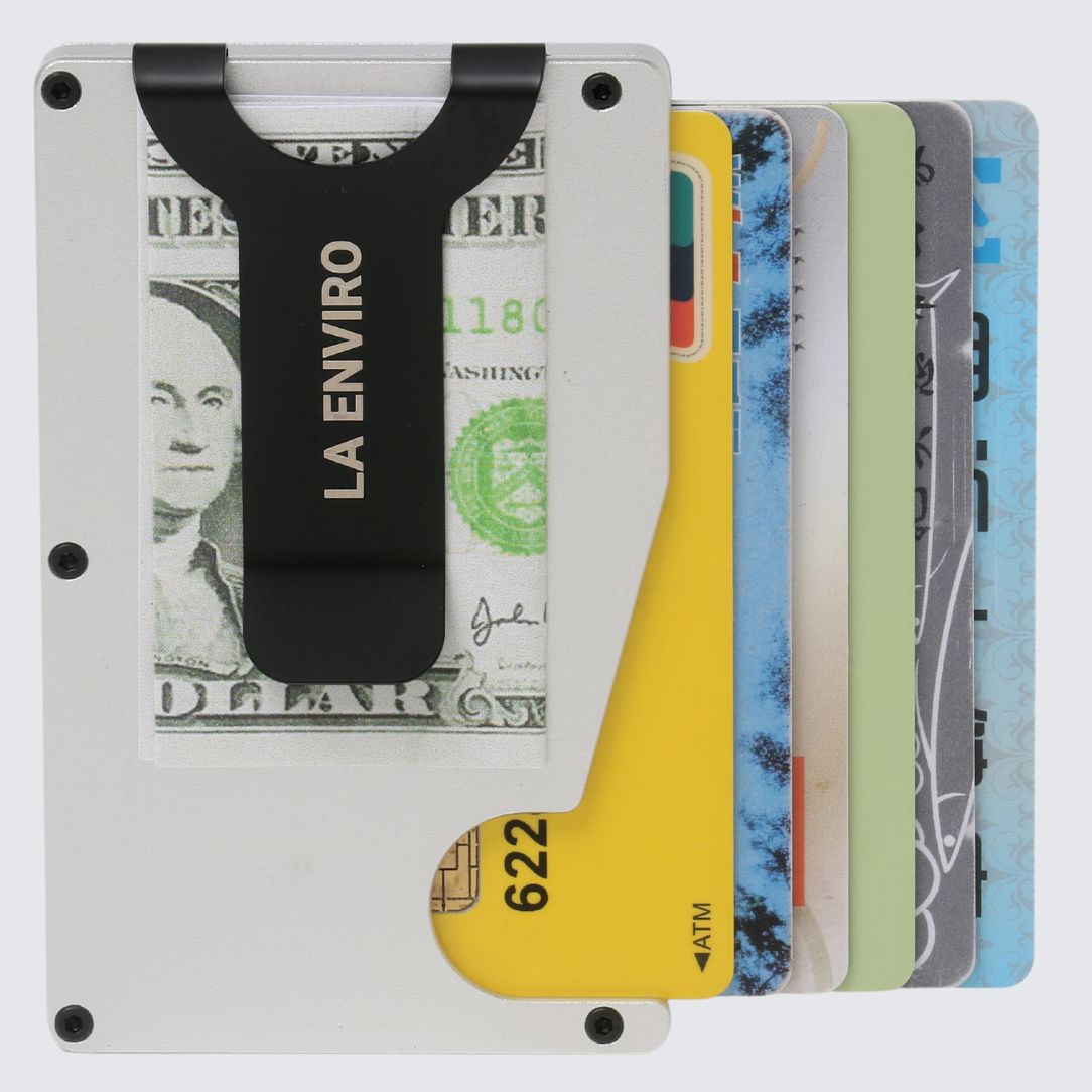 LA ENVIRO front side of Silver color HUNTLY AirTag Wallet with Apple AirTag