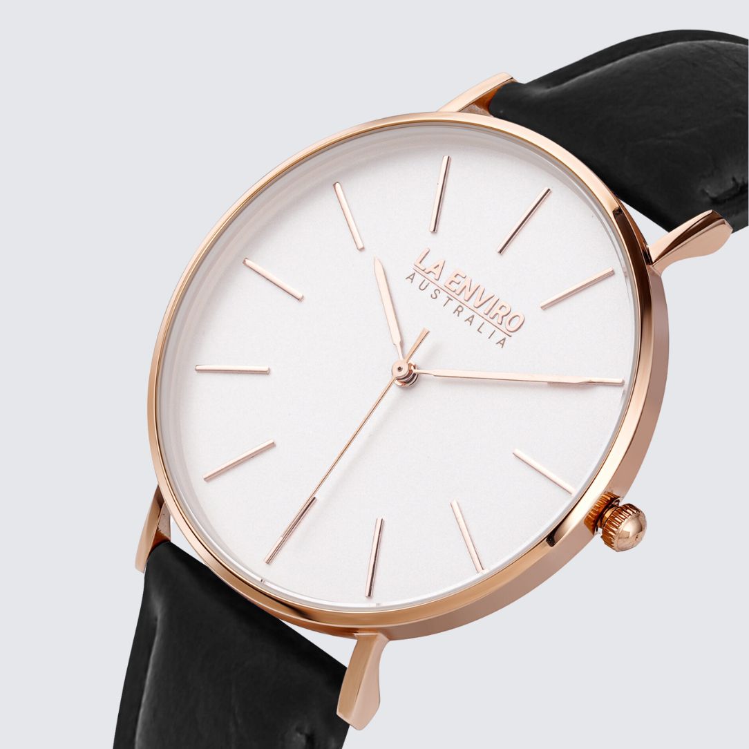 Rose Gold Watch with Pineapple Leather Black Strap I TIERRA 40 MM