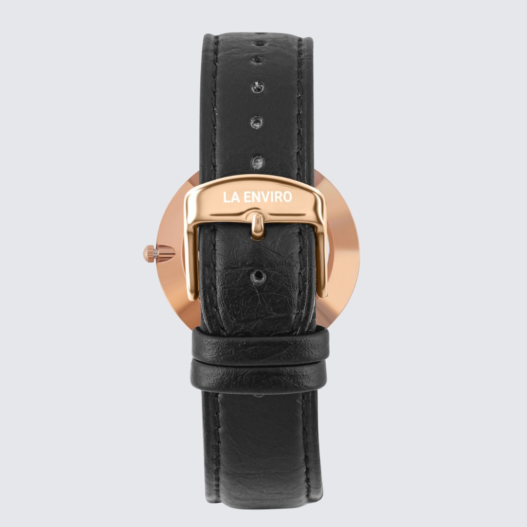 Rose Gold Watch with Pineapple Leather Black Strap I TIERRA 40 MM