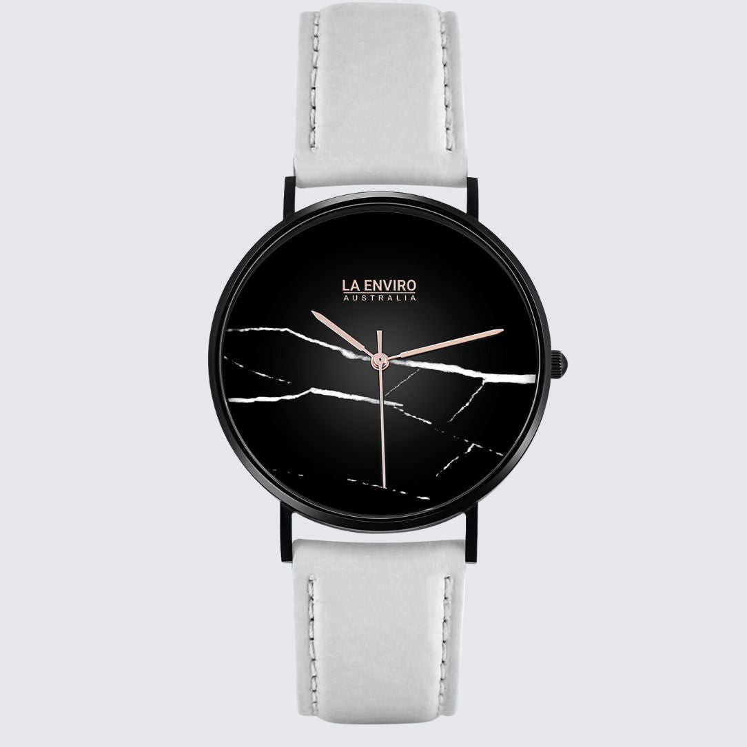 Front side of Black Marble Watch With White Pineapple Leather Strap