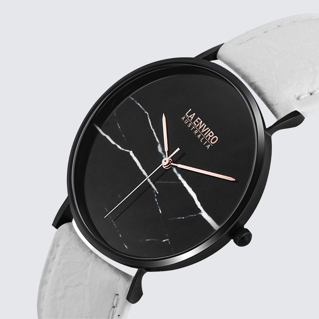 Black Marble Watch With White Pineapple Leather Strap