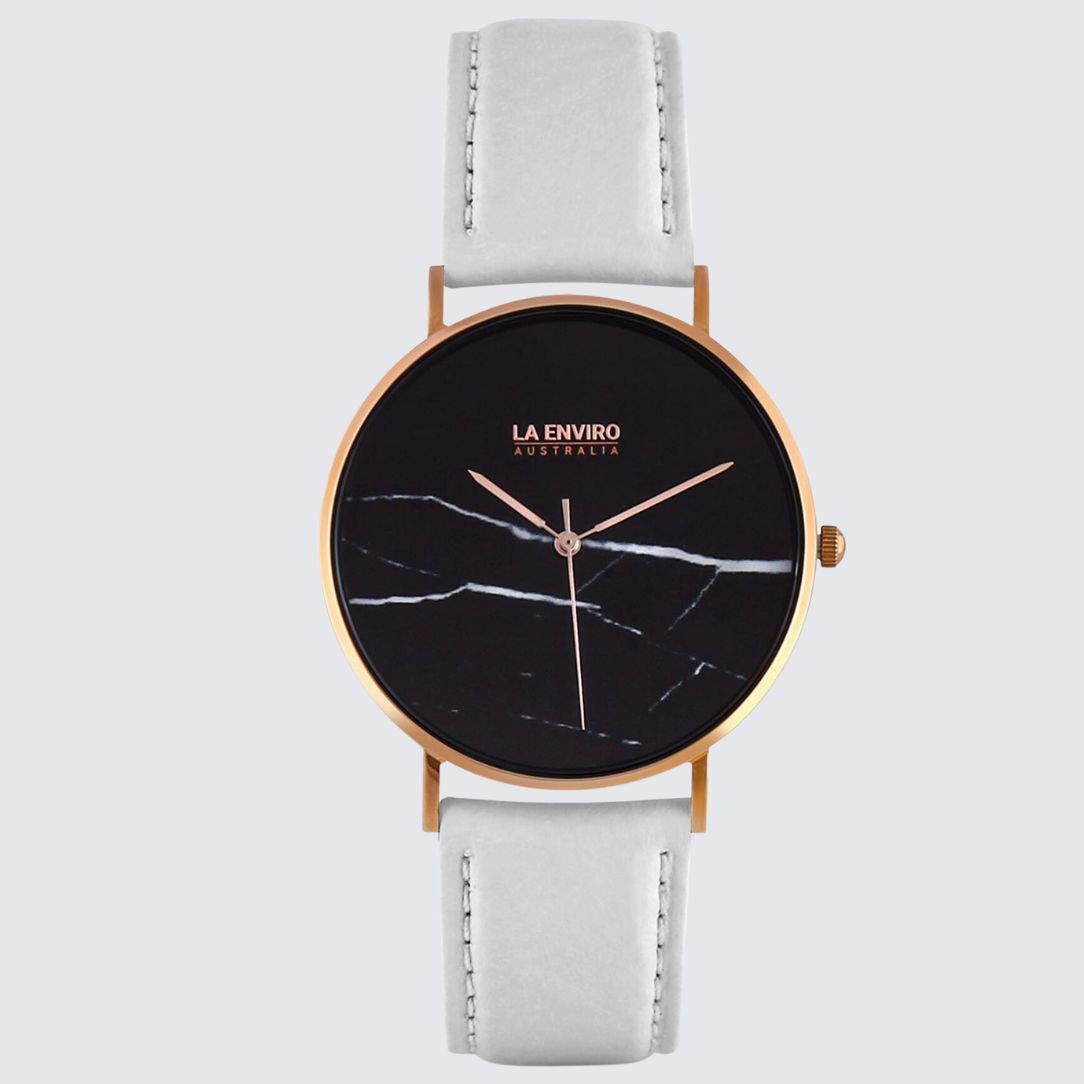 Rose Gold Marble Watch With White Pineapple Leather Strap I 40 MM