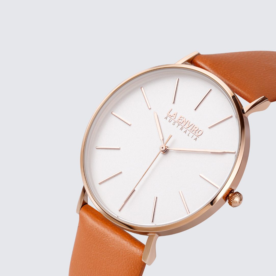 Rose Gold Classic Watch With Tan Strap I 40 MM