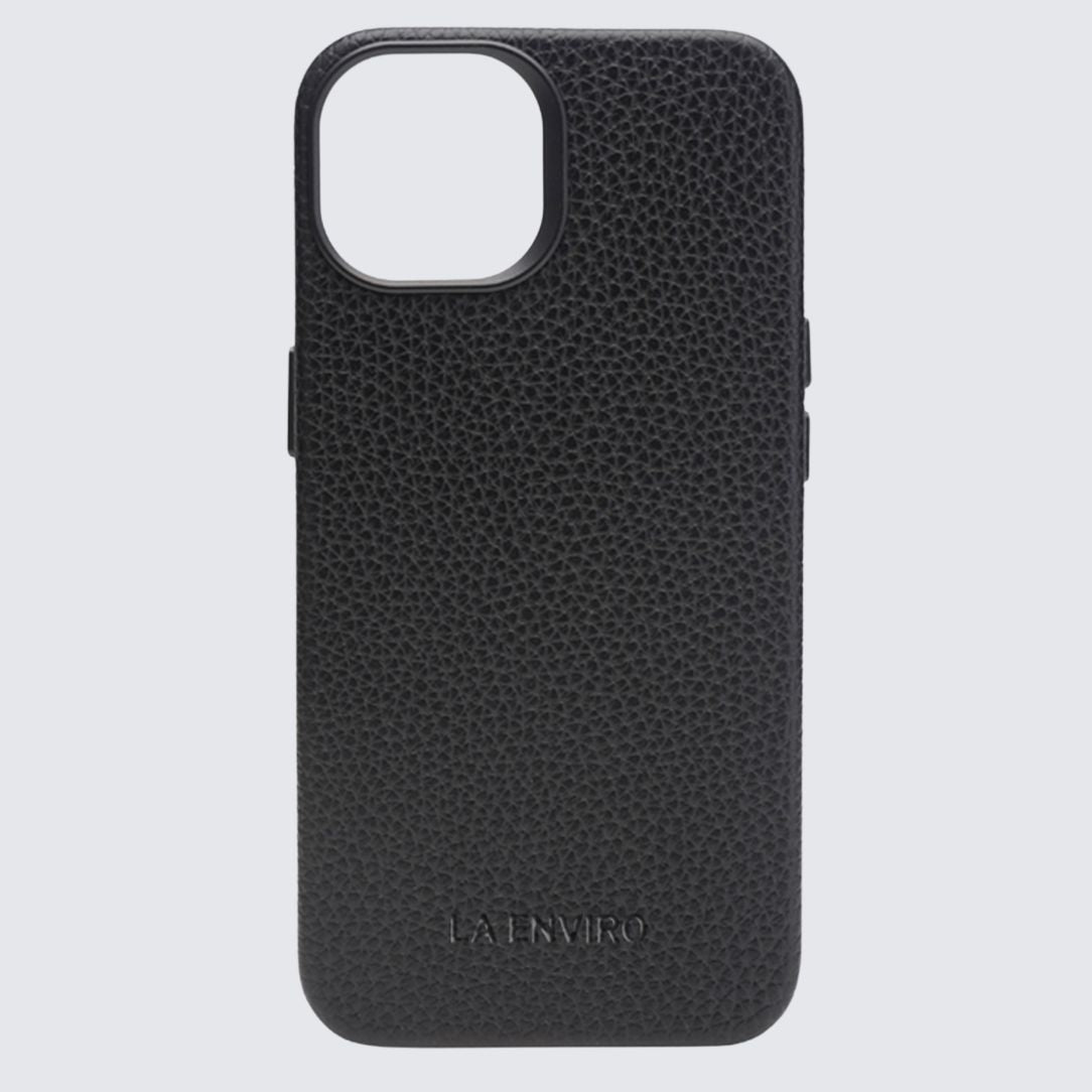 Black phone case with 'LA ENVIRO' branding on a light gray background