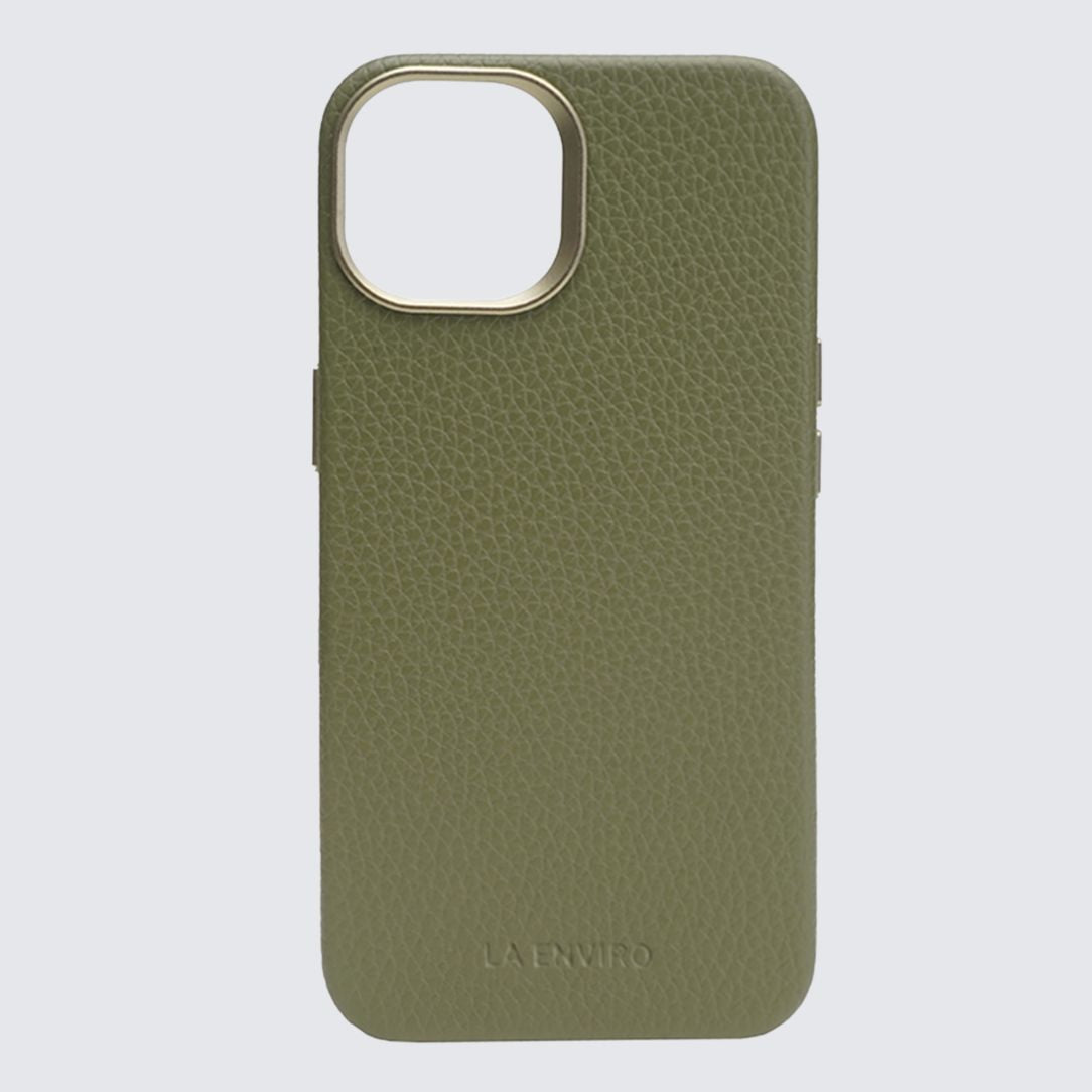 Green phone case with 'La Enviro' branding on a light gray background