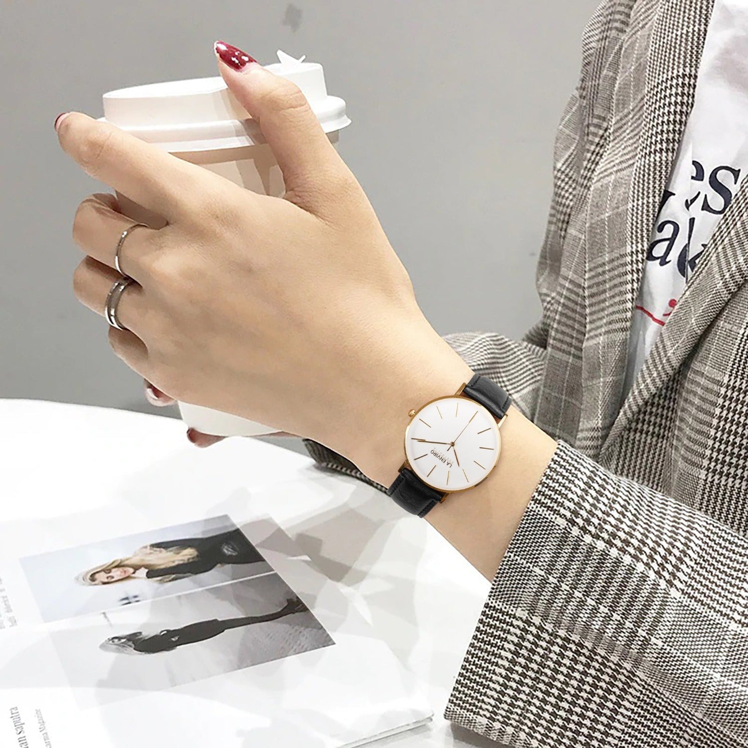 Rose Gold Watch with Pineapple Leather Black Strap I TIERRA 40 MM