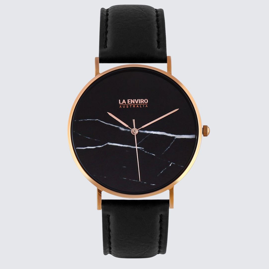 Rose Gold Marble Watch With Pineapple Leather Black Strap I 40 MM