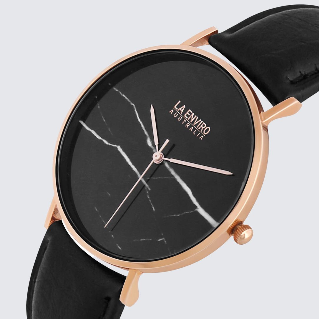 Rose Gold Marble Watch With Pineapple Leather Black Strap I 40 MM