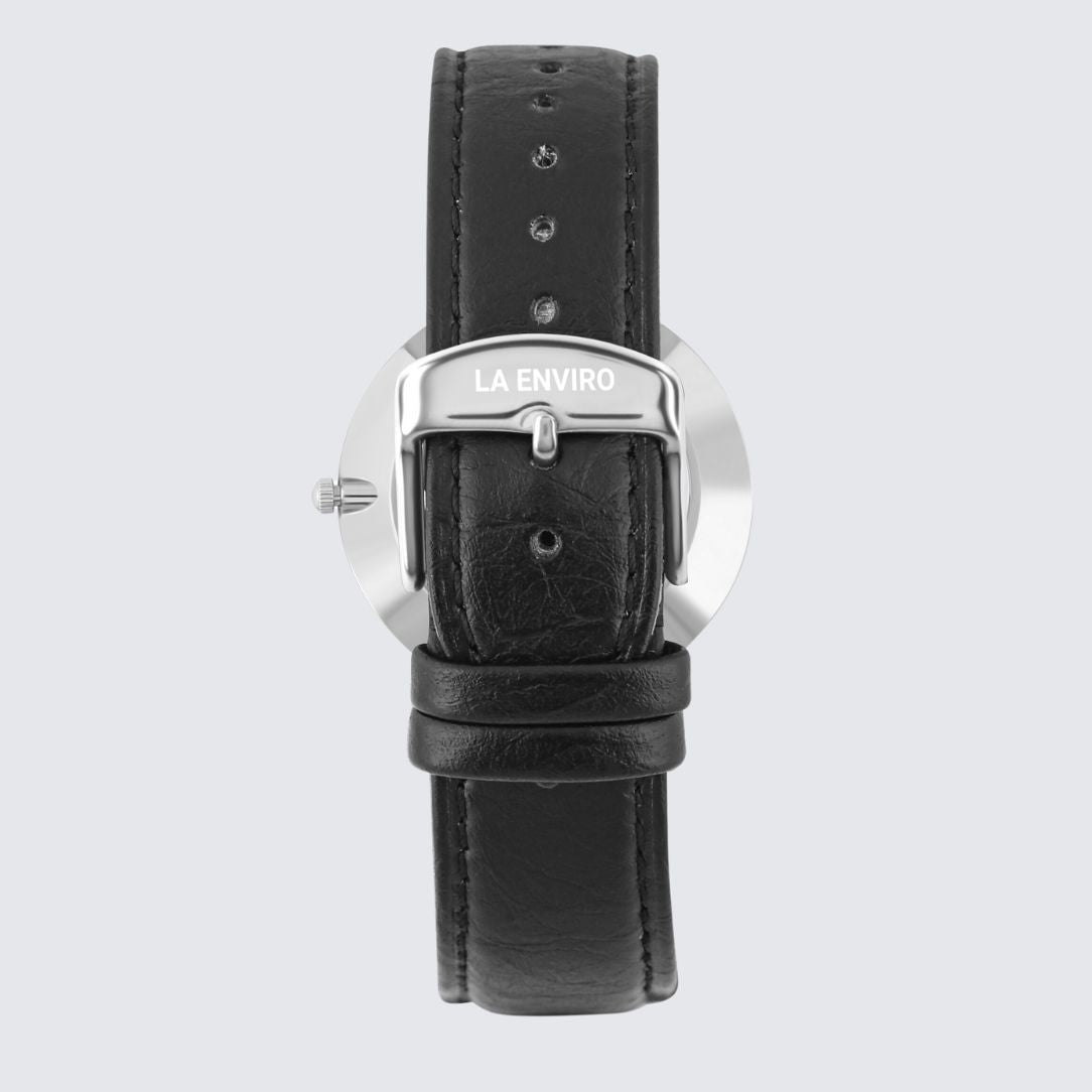 Silver Watch With Pineapple Leather Black Strap I TIERRA 40 MM