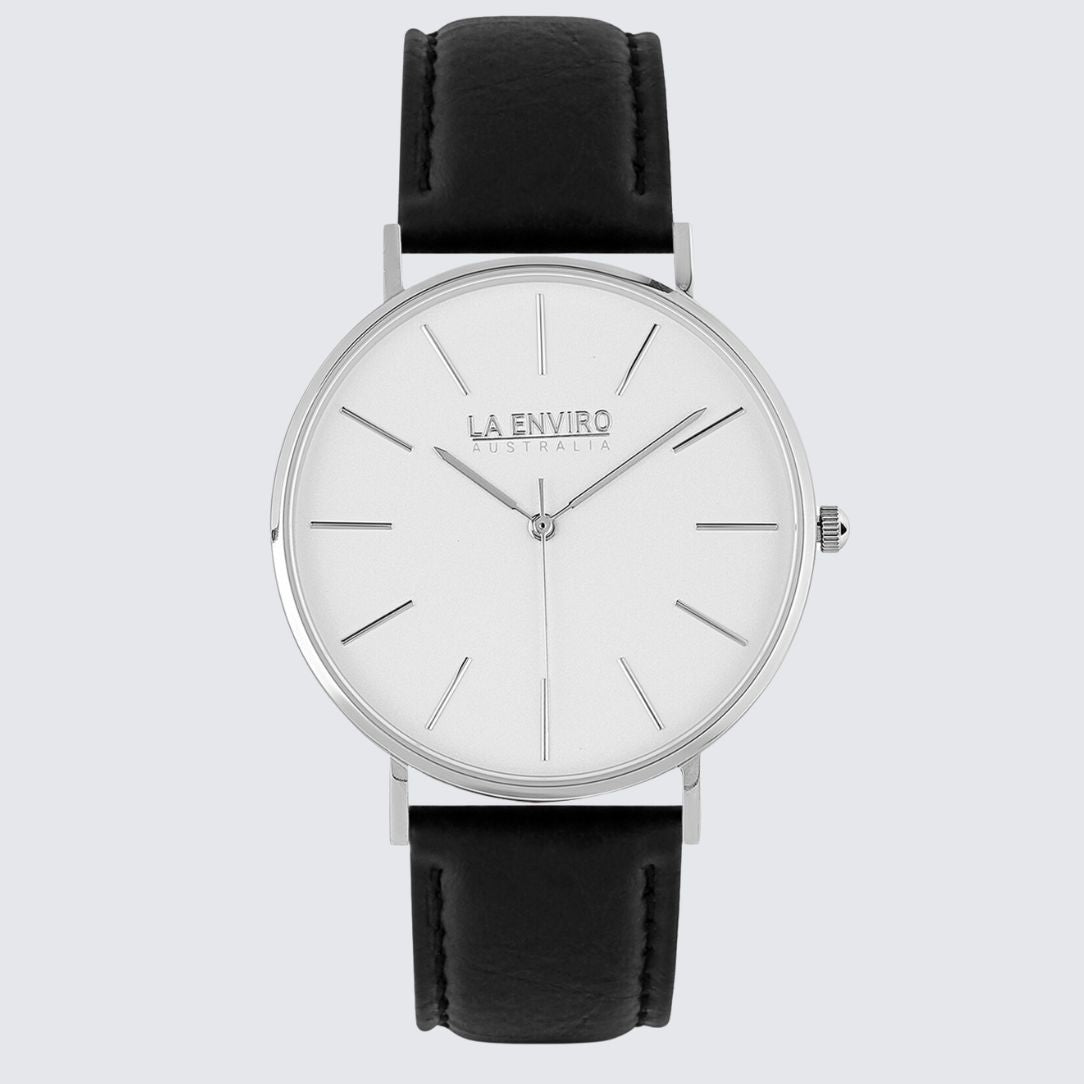 Silver Watch With Pineapple Leather Black Strap I TIERRA 40 MM