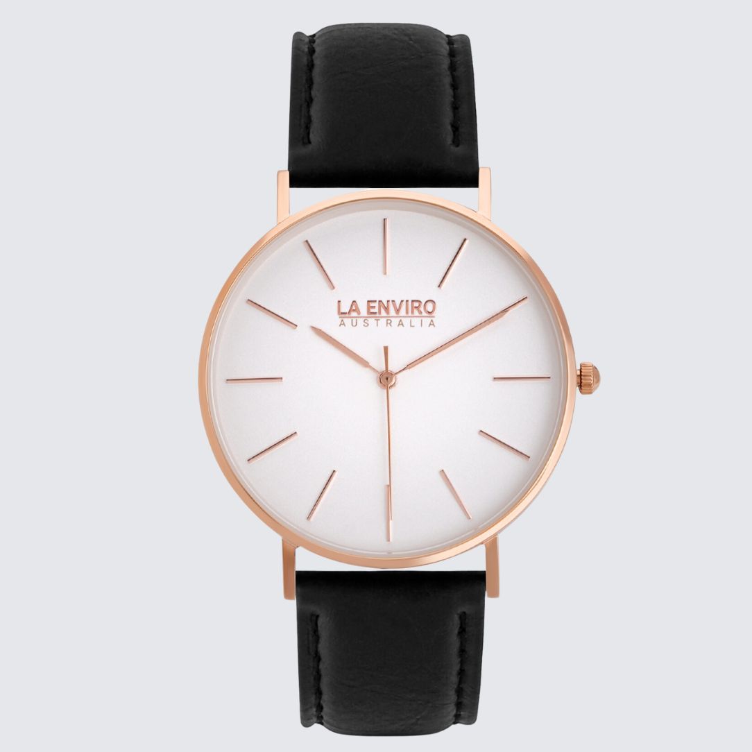 Rose Gold Watch with Pineapple Leather Black Strap I TIERRA 40 MM