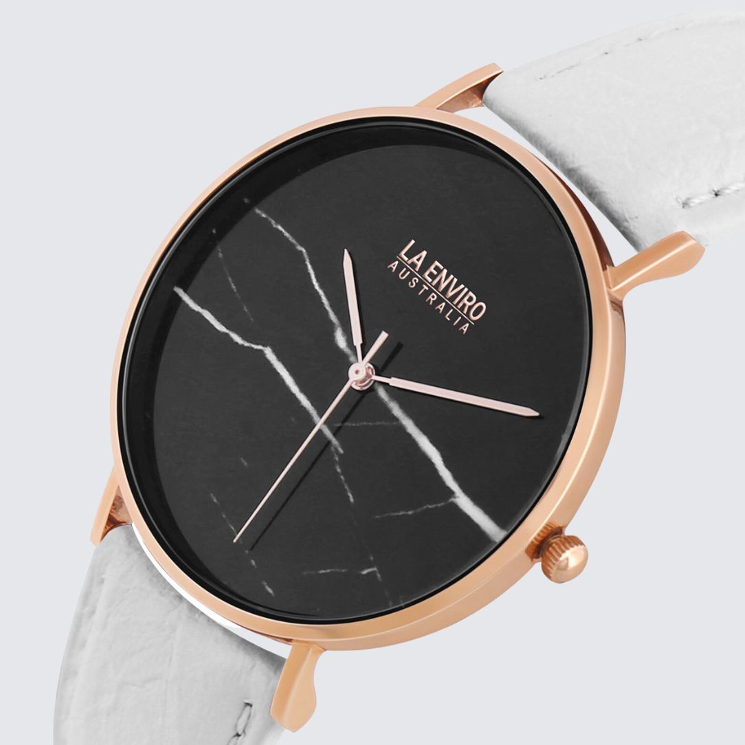 Rose Gold Marble Watch With White Pineapple Leather Strap I 40 MM