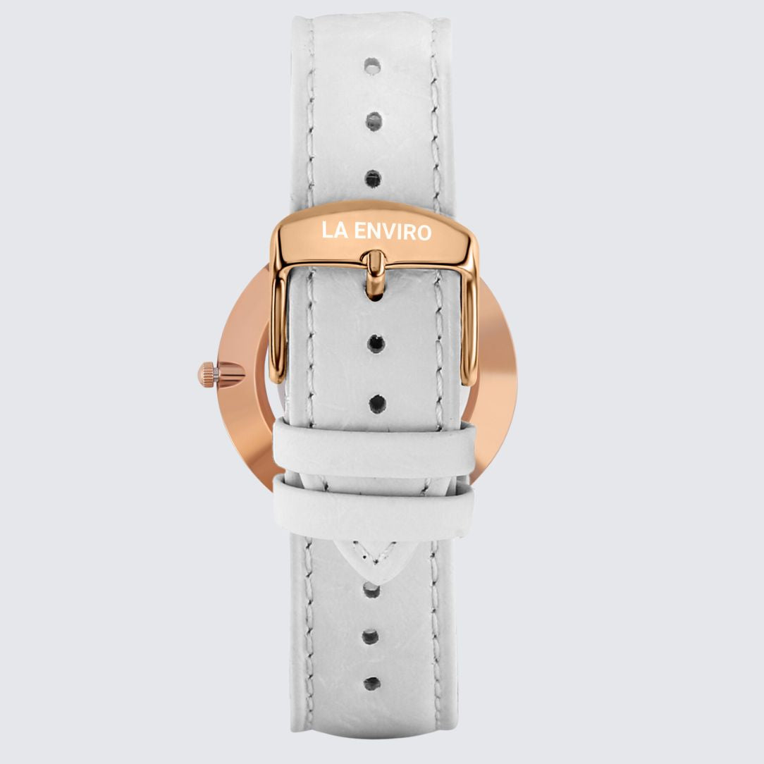 Rose Gold Watch With Pineapple Leather White Strap I TIERRA 40 MM