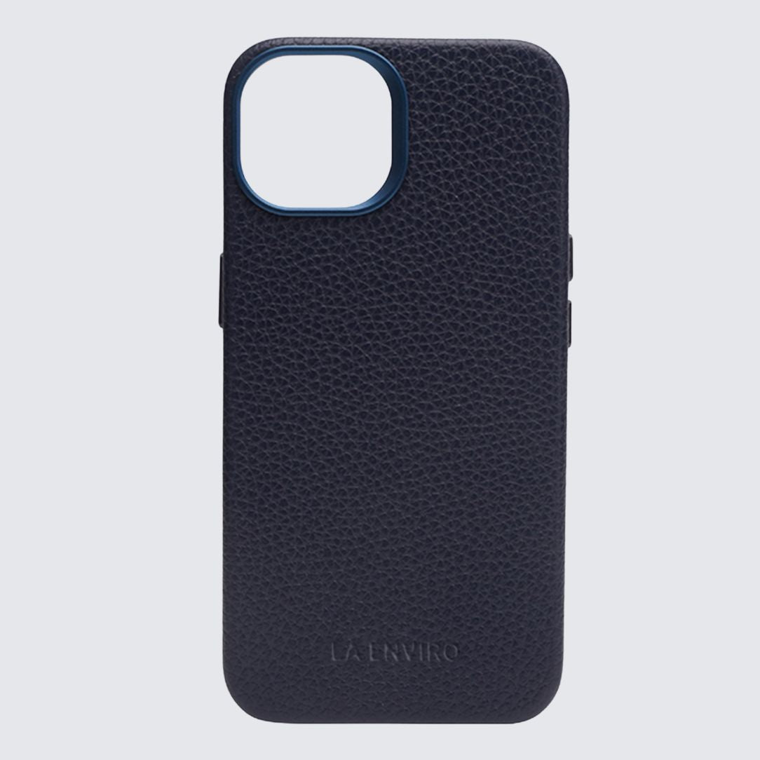 Blue textured phone case with 'La ENVIRO' branding on a light gray background