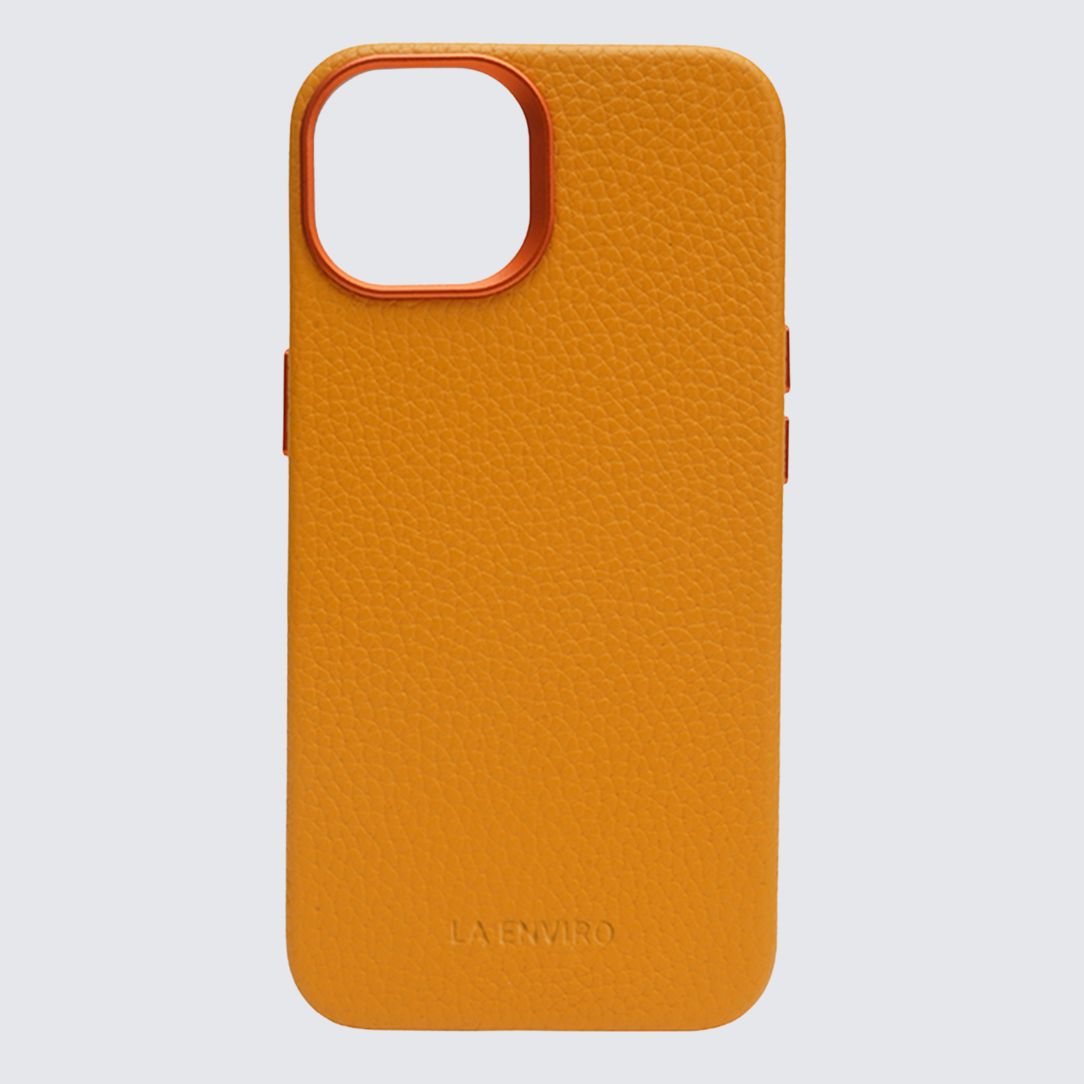 Orange phone case with 'LA Enviro' branding on a light gray background